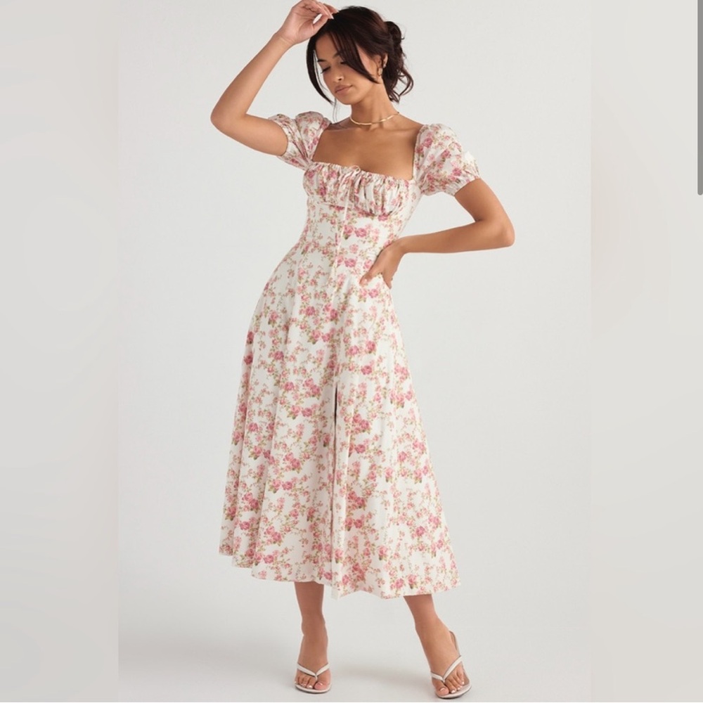 House of CB Cream Midi Dress with Pink Floral Print